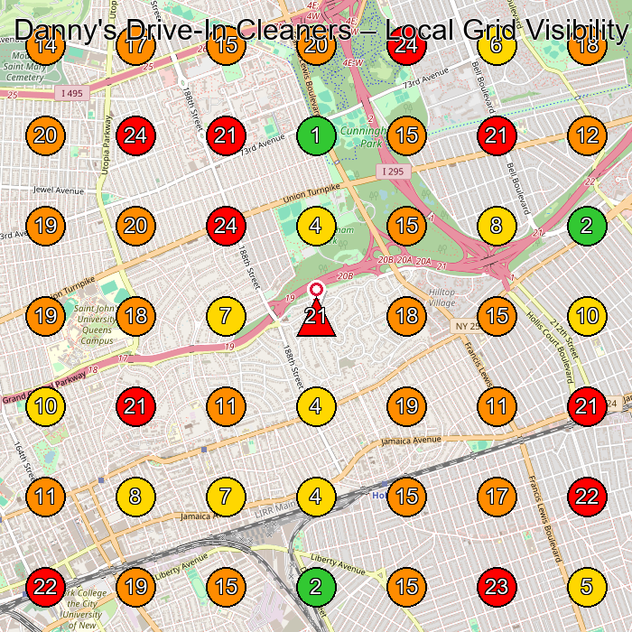Danny's Drive-In Cleaners Dry Cleaner GeoGrid ranking map for Fresh Meadows NY